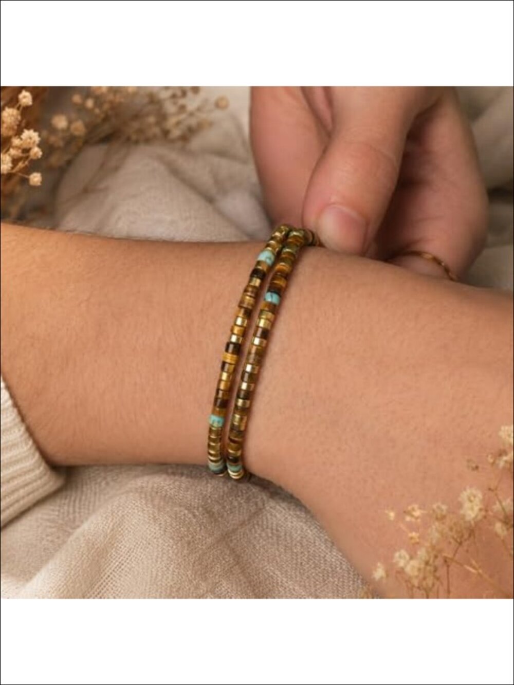 Morse Code Wrap Bracelet Tiger Eye Turquoise Double Layer Beaded - Picture 2 of 6